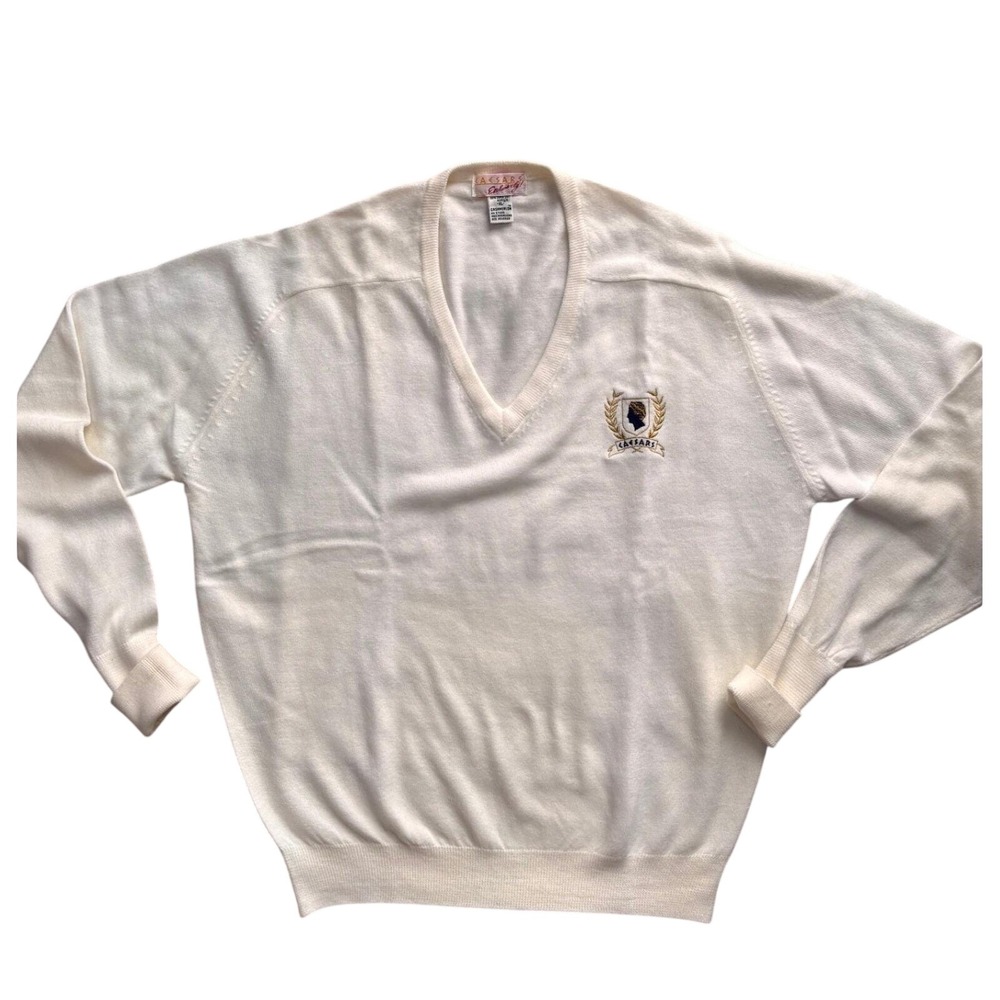 Vintage Caesars Palace Mens XL V-Neck Sweater White Cashmerlon Embroidered Crest